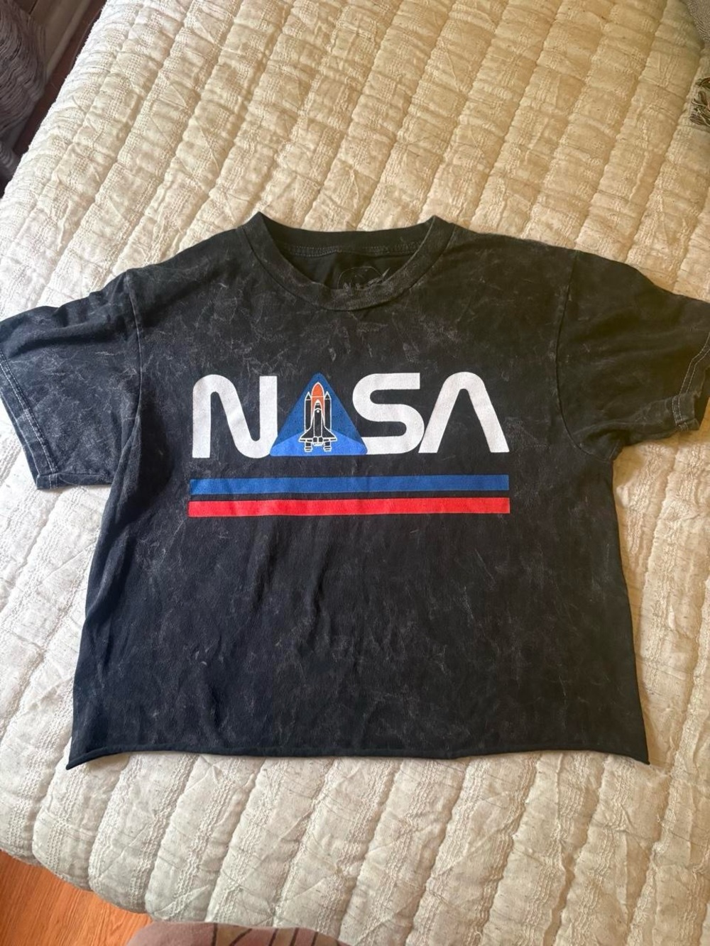 NASA Black Graphic Crop Top with Red & Blue Stripes